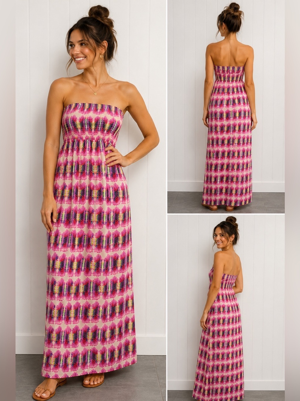 Element Pink Boho Strapless Maxi Dress Smocked Bodice Festival Beach Size M